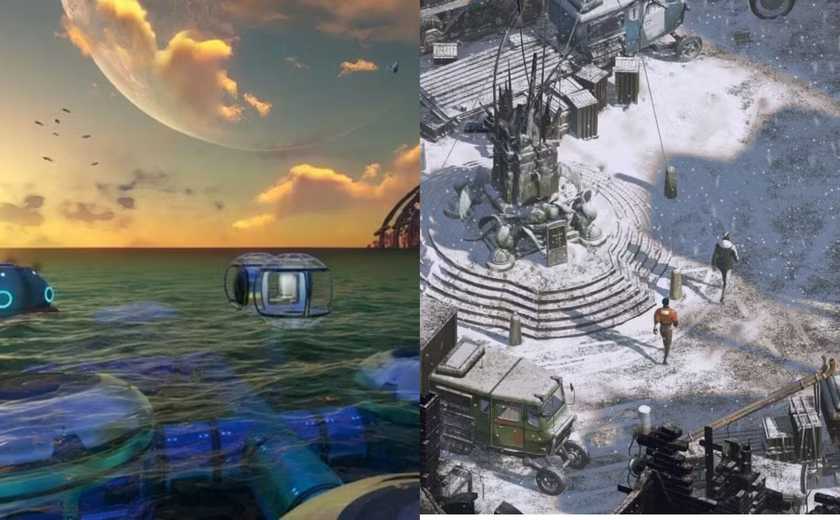 A combined image of gameplay from Subnautica and Disco Elysium